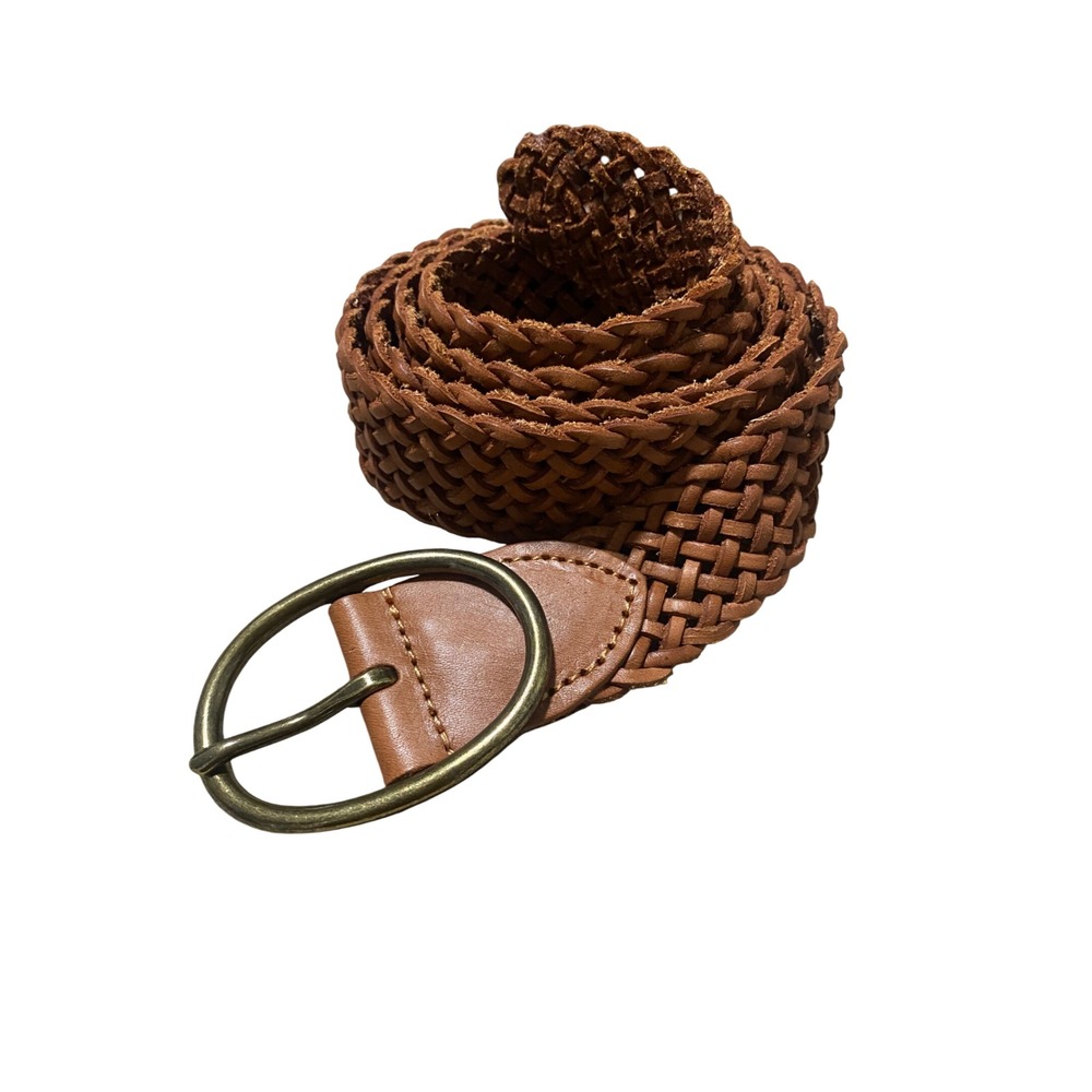 J. Jill Braided Belt Womens Medium Brown Leather Woven Antique Brass Buckle